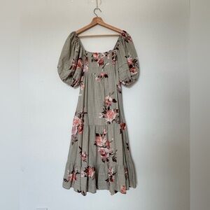 Blue B Floral Midi Dress S Puff Sleeve Cottagecore Boho Tiered Linen Blend